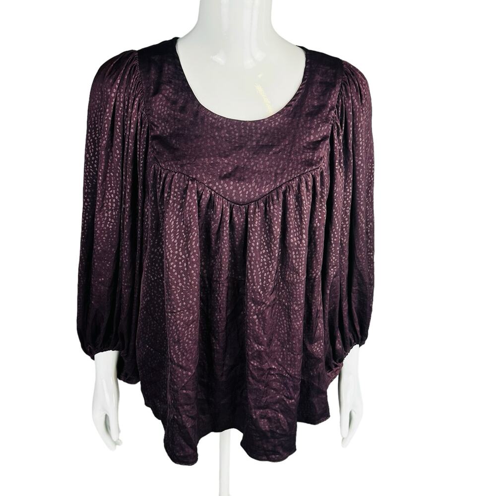 Mustard Seed Womans Sz Small Blouse 3/4 Balloon Sleeve‎ Purple Peep Back
